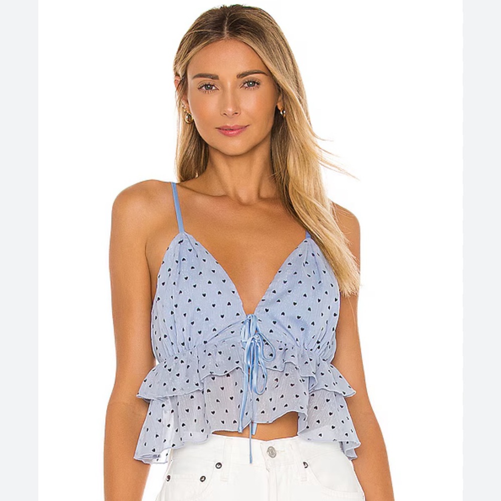 MAJORELLE Blue and White Ruffled Tie Front Camisole